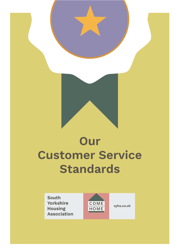 The front cover of our Customer Service Standards document, featuring a rosette on a yellow background.